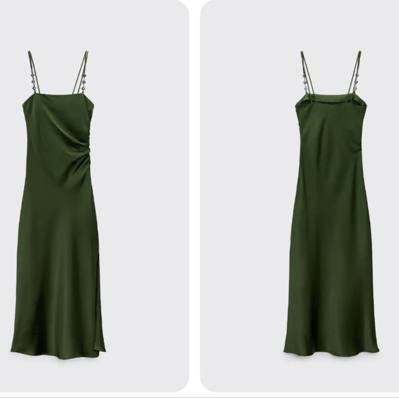 New Zara Satin Effect Jewel Straps Green Midi Dress NWT XS - Picture 8 of 17